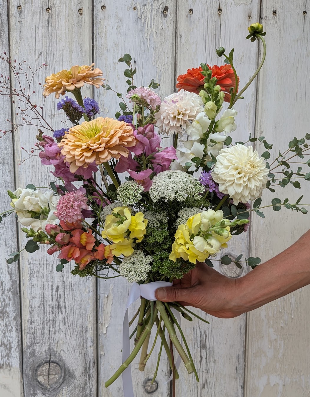 A garden-gathered bouquet of zinnias, dahlias, and snapdragons