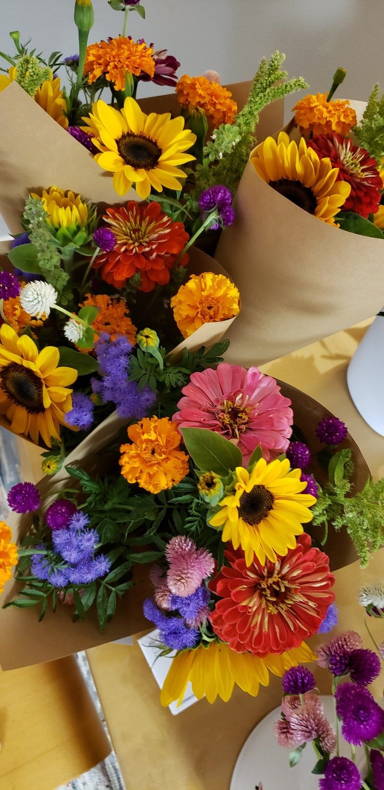 Bouquets of flowers available for sale at a farmers market